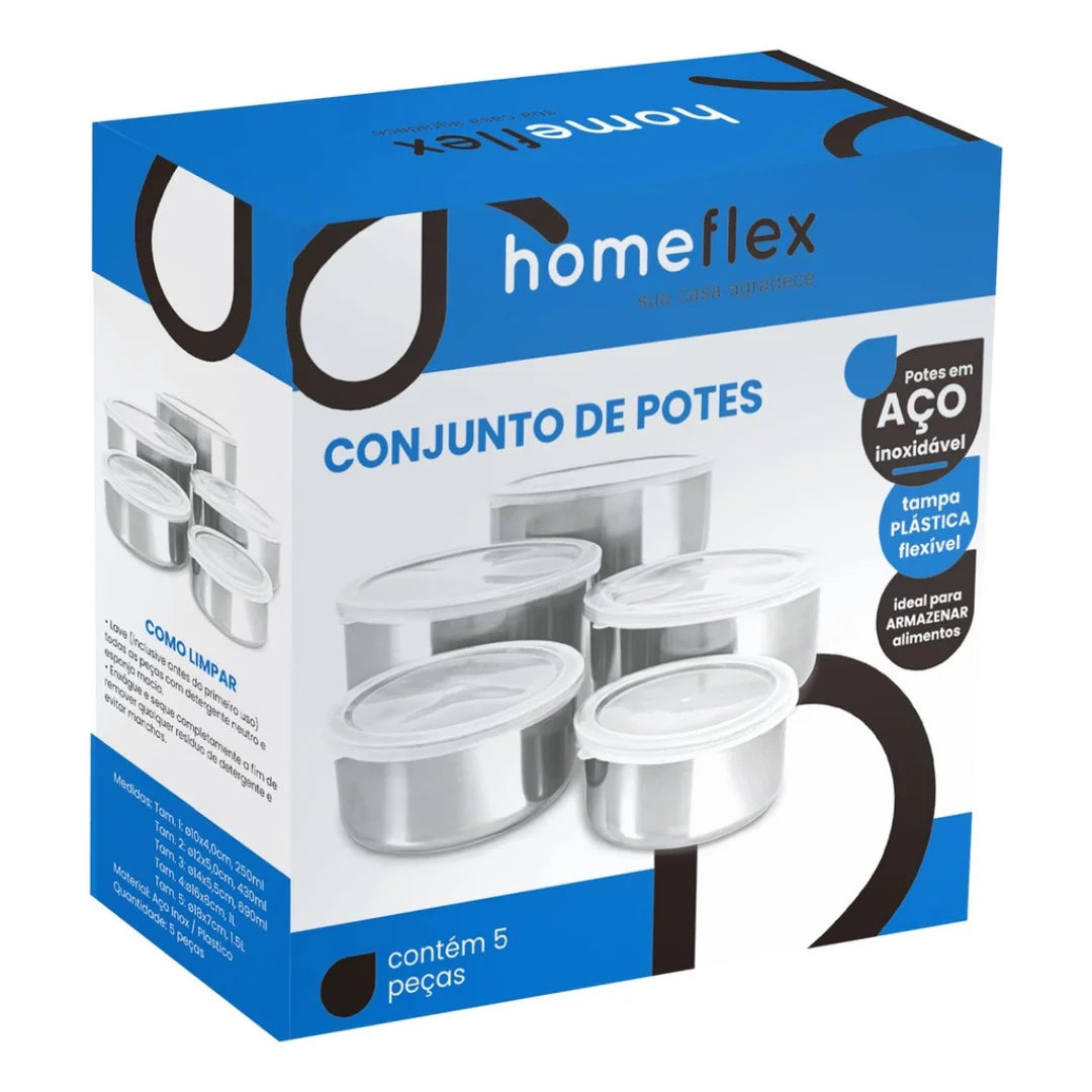 Conjunto com 5 Potes de Aço Inox com Tampa