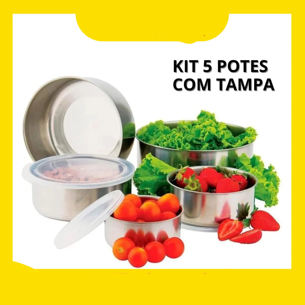 Conjunto com 5 Potes de Aço Inox com Tampa