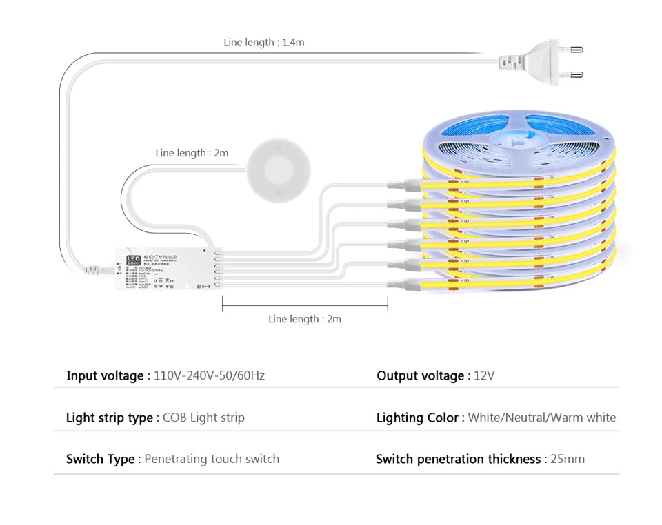 Fita LED para Armário com Sensor de Toque – Regulável, Ideal para Móveis de Madeira e Exposição
