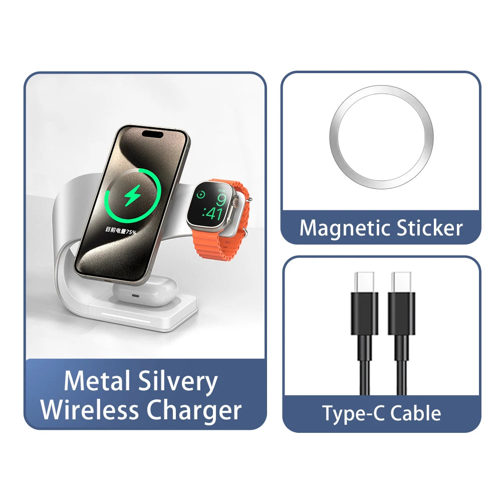 Carregador Sem Fio 4 em 1 com Estrutura de Metal – Rápido Magnético para iPhone , Apple Watch e AirPods