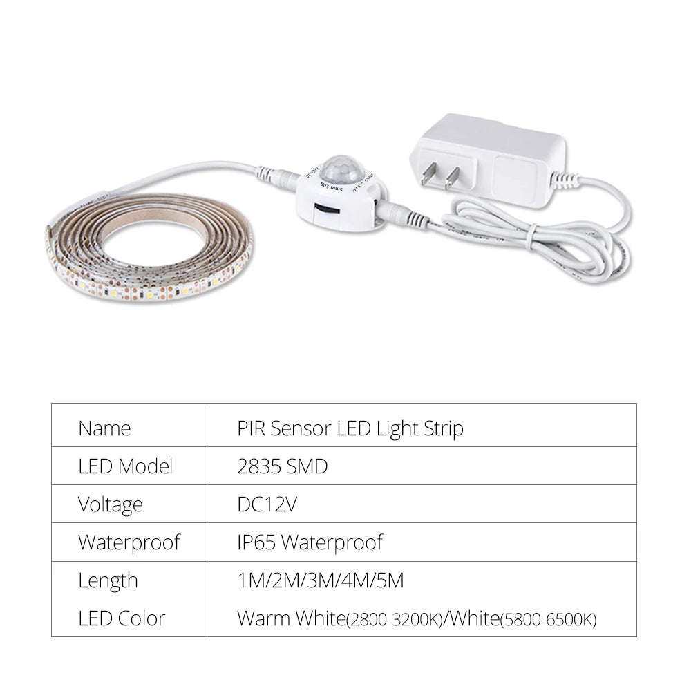 Tira LED Flexível DC 12V com Sensor de Movimento – Luz Noturna de Emergência para Armário, Cozinha e Cama