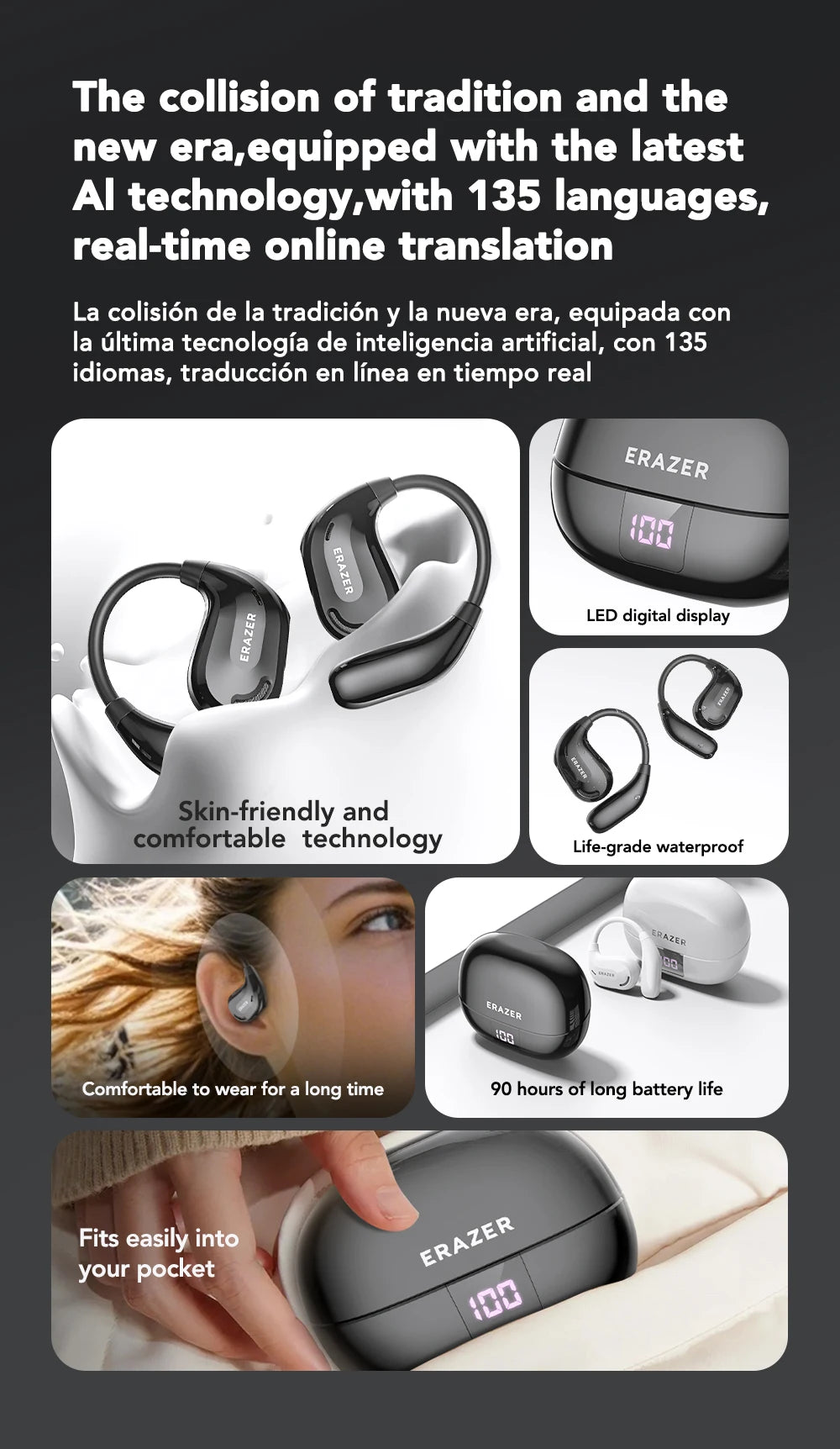 Fones de ouvido AI tradutor sem fio Bluetooth 5.4 135 Idiomas
