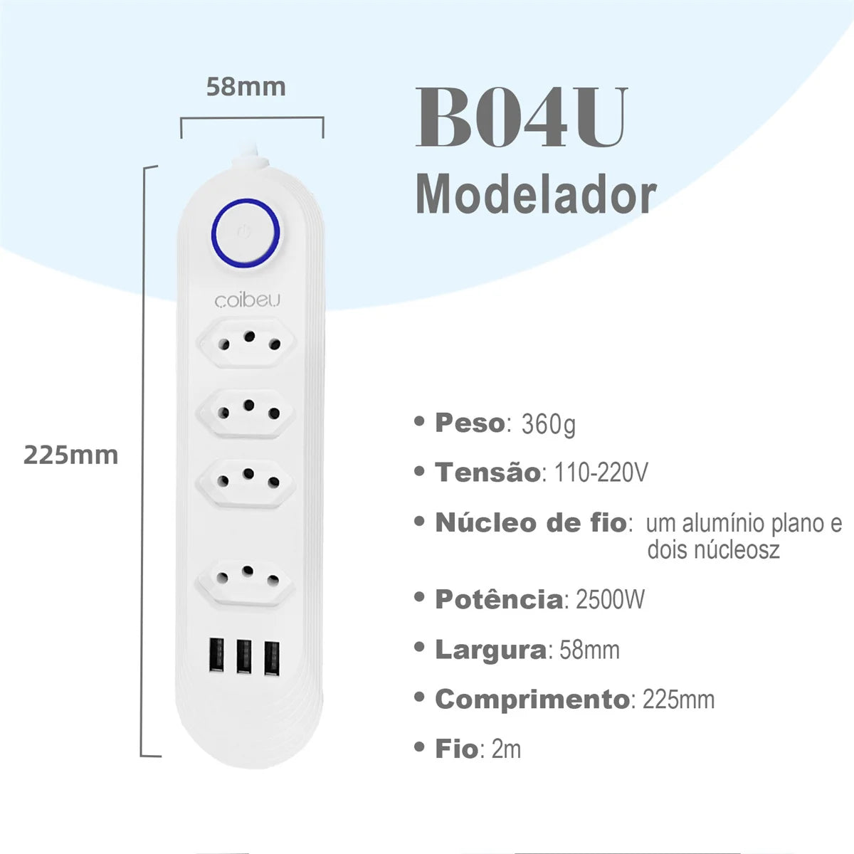 Régua Extensão de Tomadas e Porta USB