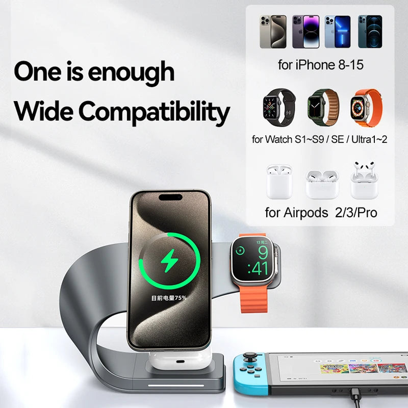 Carregador Sem Fio 4 em 1 com Estrutura de Metal – Rápido Magnético para iPhone , Apple Watch e AirPods