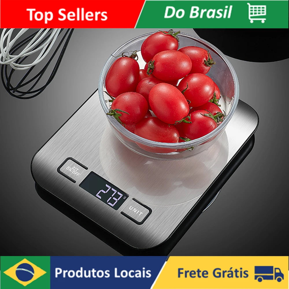 Balança Digital de Cozinha 1g a 10kg com Alta Precisão e Plataforma de Aço Inox