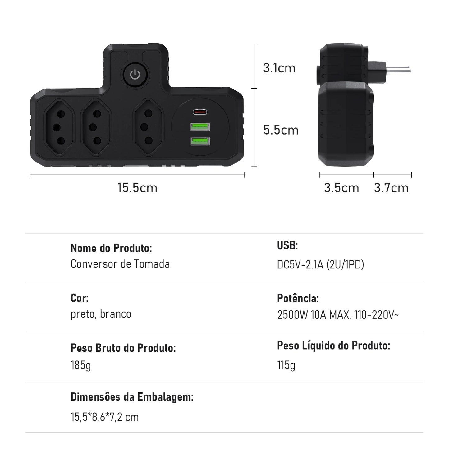 Régua Extensão de Tomadas e Porta USB