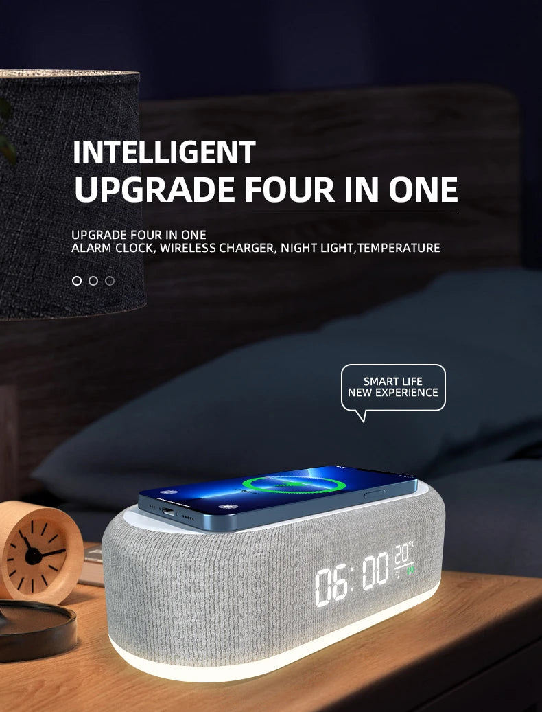 Despertador Carregador Sem Fio – Relógio LED, Luz Noturna, Termômetro e Base de Carregamento