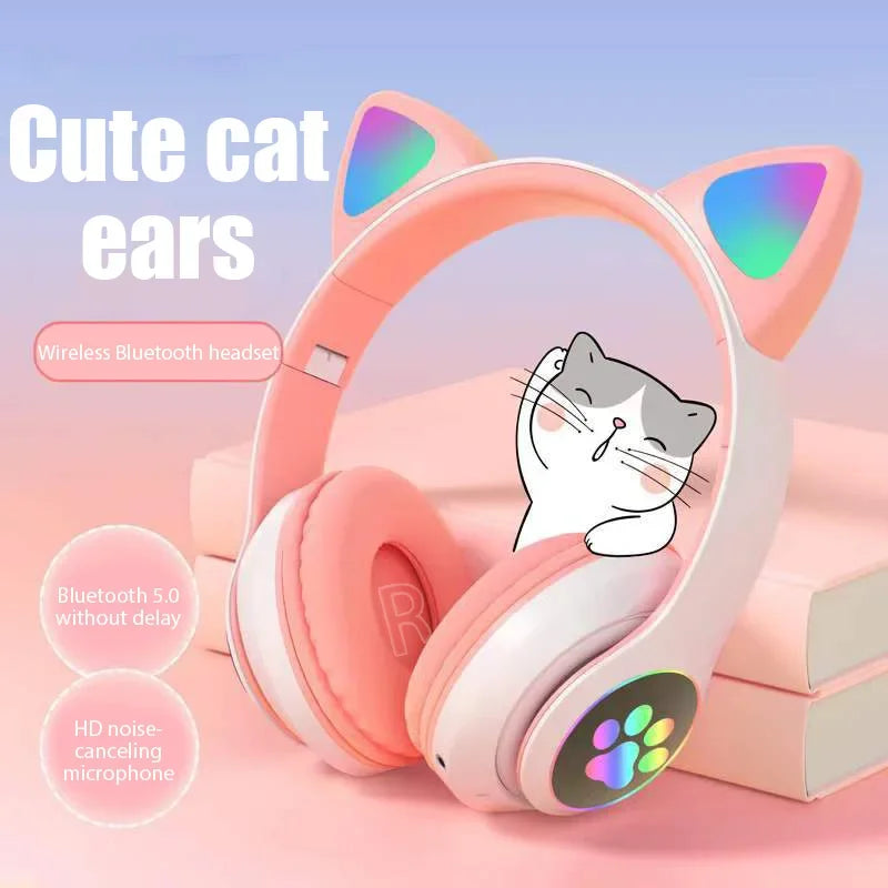 Fone de Ouvido Bluetooth com Orelhas de Gato - Som Estéreo com Luz LED