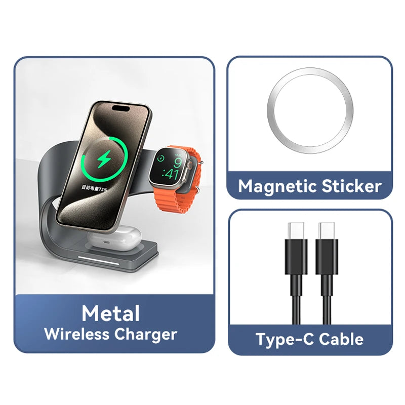 Carregador Sem Fio 4 em 1 com Estrutura de Metal – Rápido Magnético para iPhone , Apple Watch e AirPods