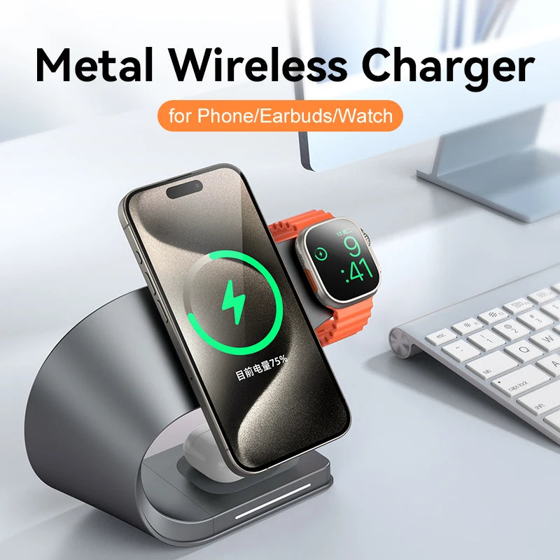 Carregador Sem Fio 4 em 1 com Estrutura de Metal – Rápido Magnético para iPhone , Apple Watch e AirPods