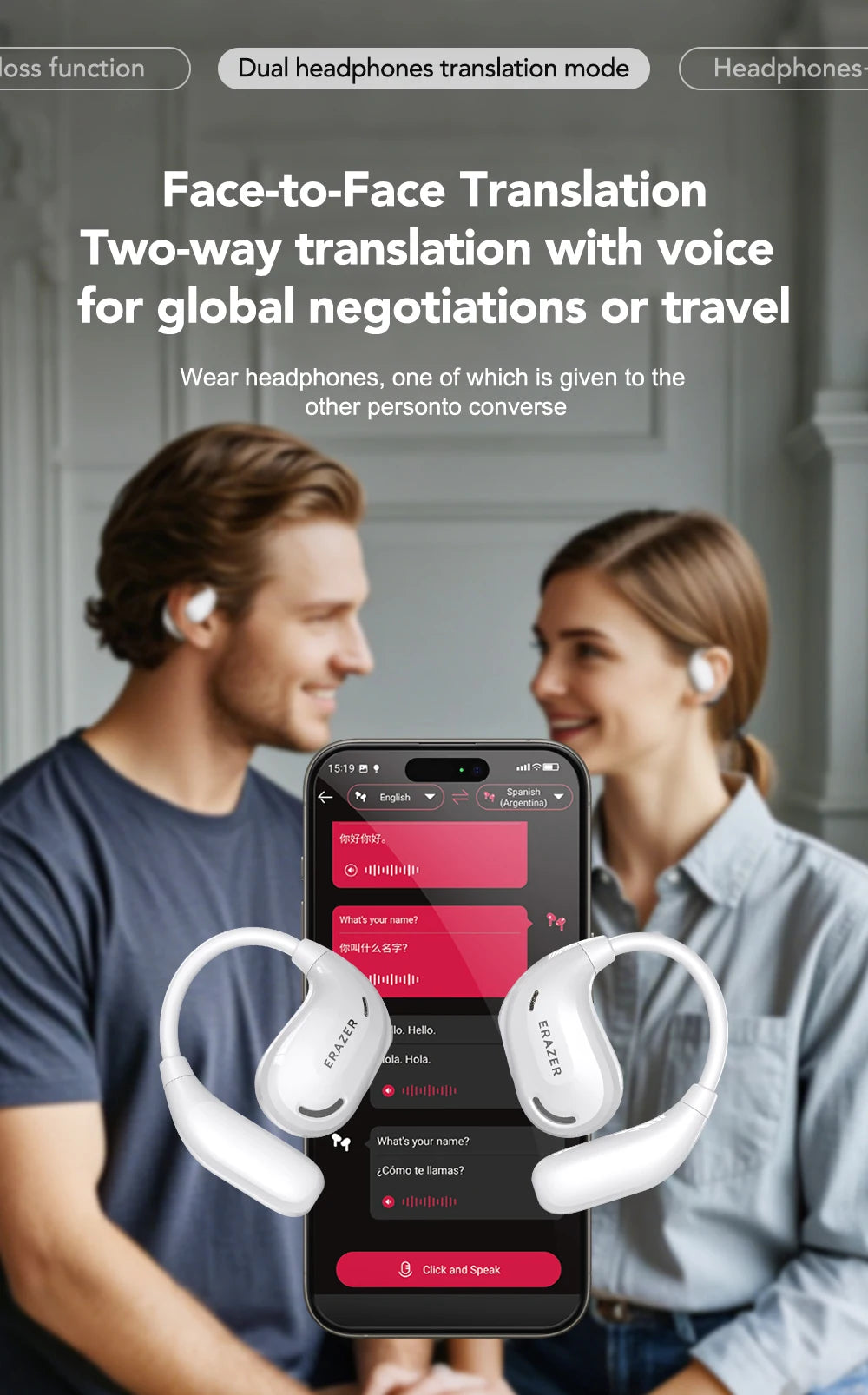 Fones de ouvido AI tradutor sem fio Bluetooth 5.4 135 Idiomas