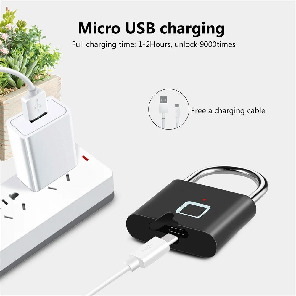 Cadeado Inteligente Biométrico – Desbloqueio por Impressão Digital, USB Recarregável, à Prova d’Água, Portátil e Antirroubo