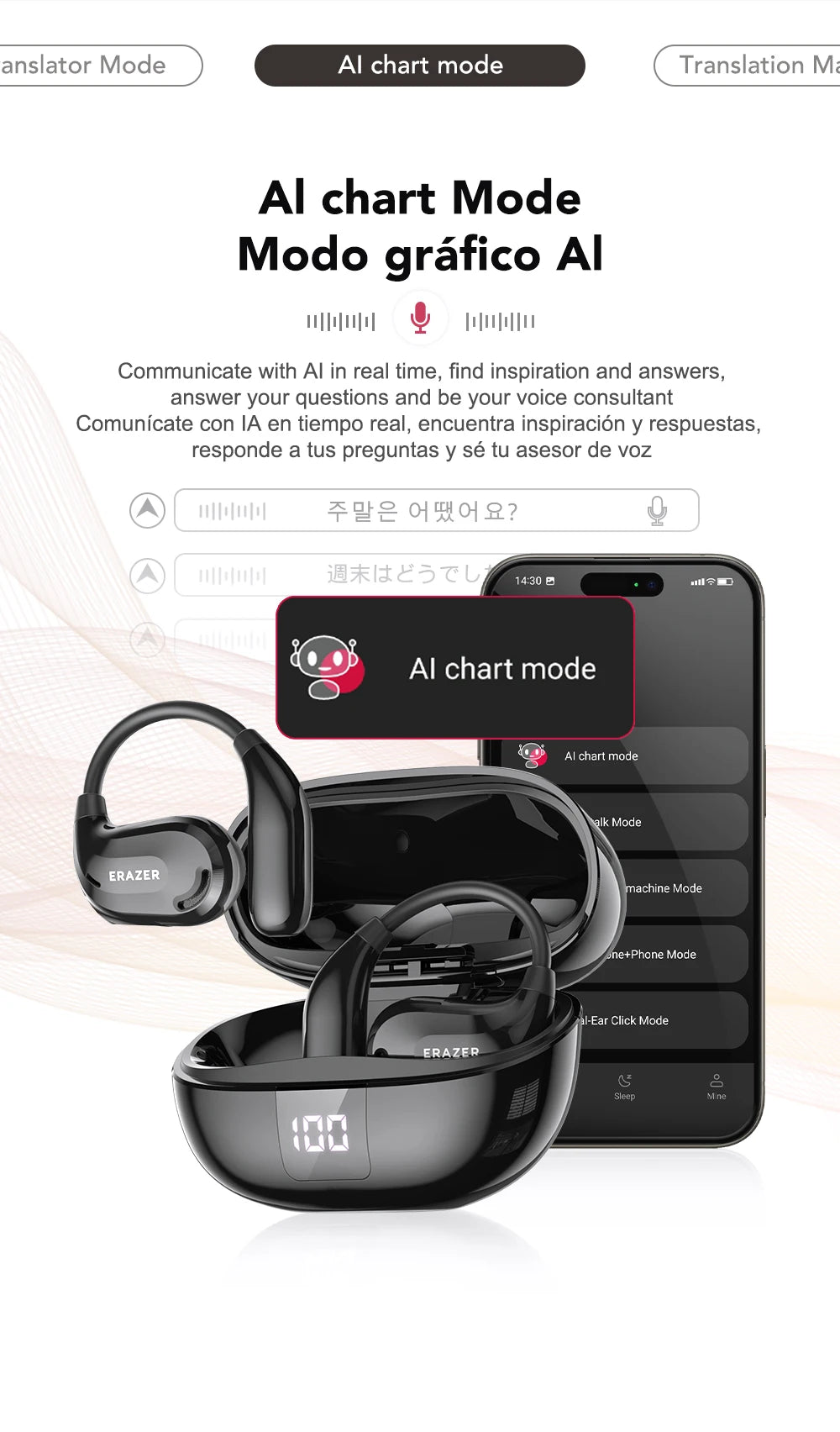Fones de ouvido AI tradutor sem fio Bluetooth 5.4 135 Idiomas