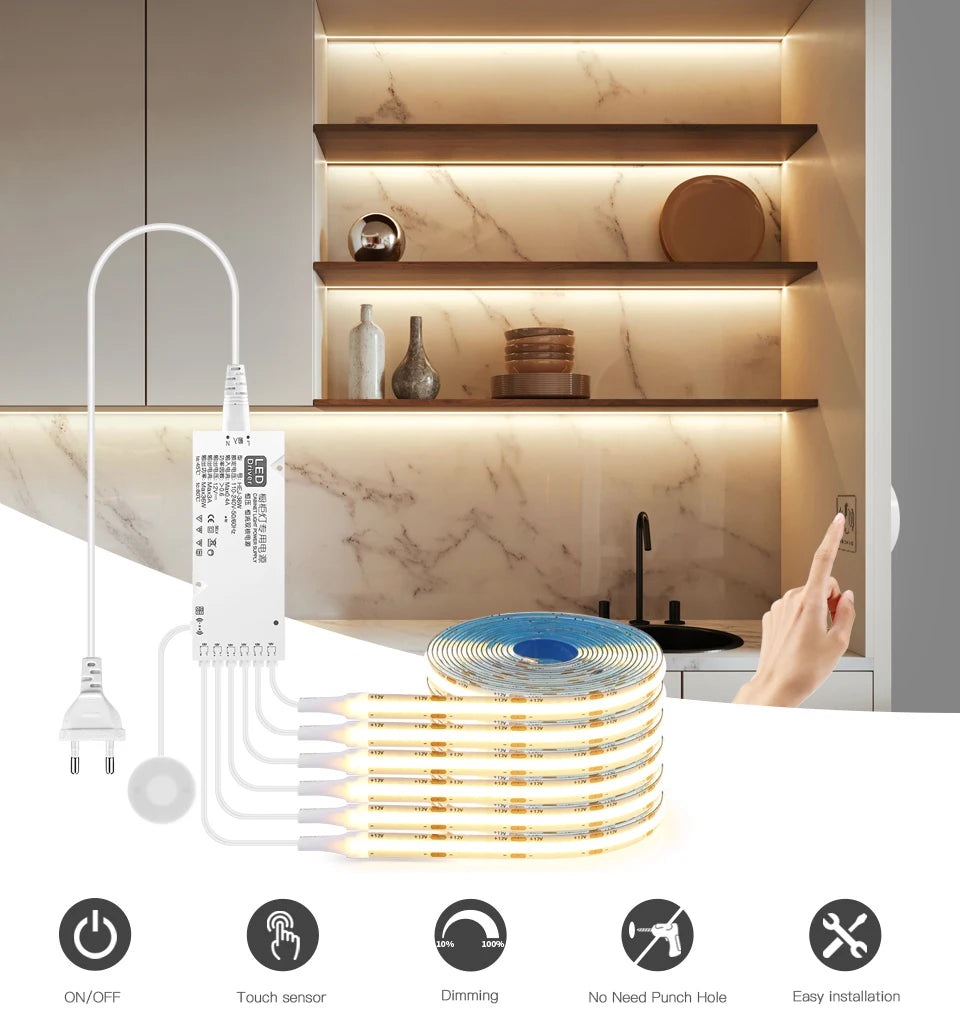 Fita LED para Armário com Sensor de Toque – Regulável, Ideal para Móveis de Madeira e Exposição