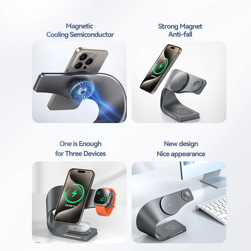 Carregador Sem Fio 4 em 1 com Estrutura de Metal – Rápido Magnético para iPhone , Apple Watch e AirPods