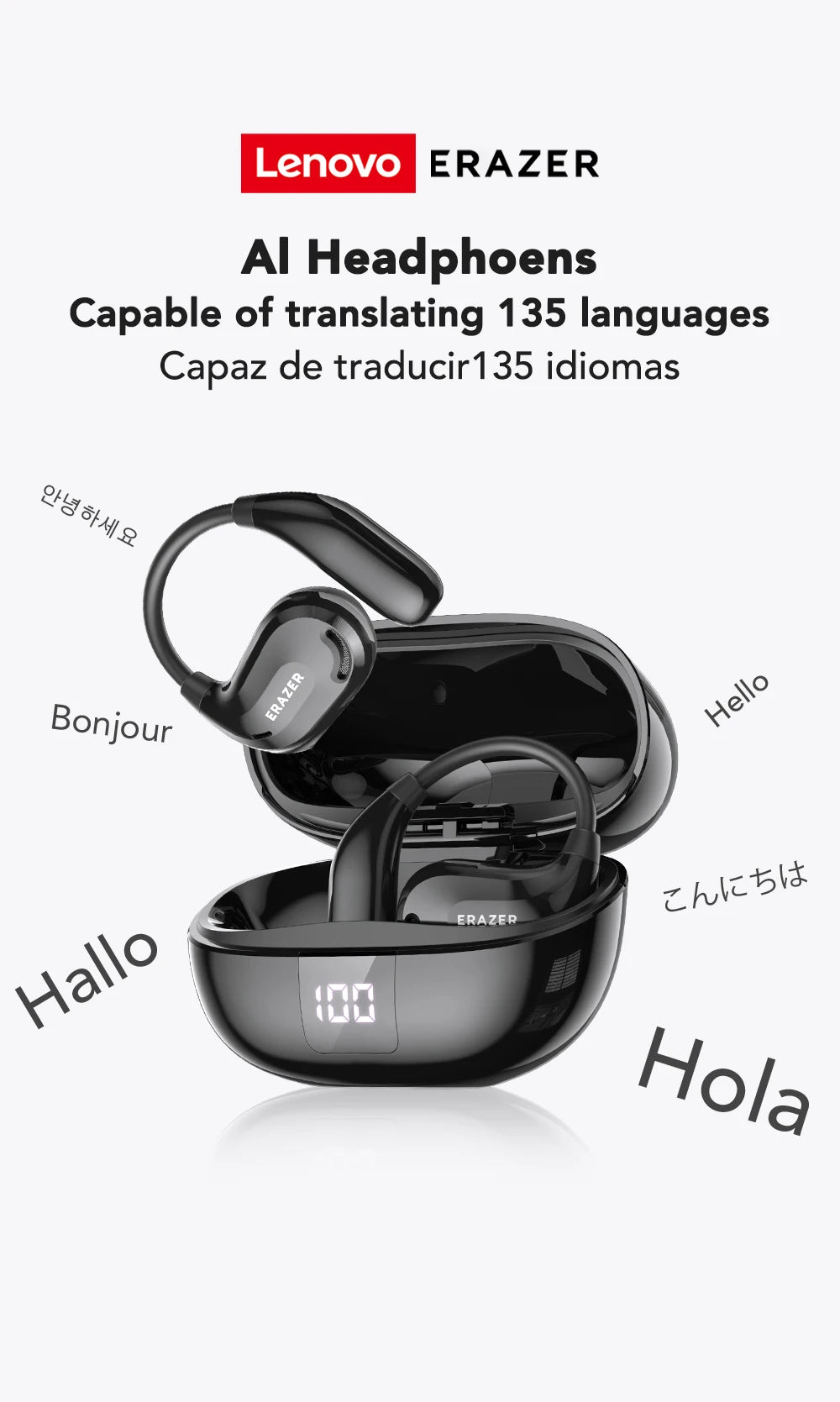 Fones de ouvido AI tradutor sem fio Bluetooth 5.4 135 Idiomas