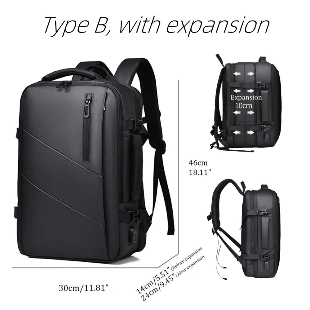 Mochila Impermeável Expansível,Porta USB Compartimento Notebook