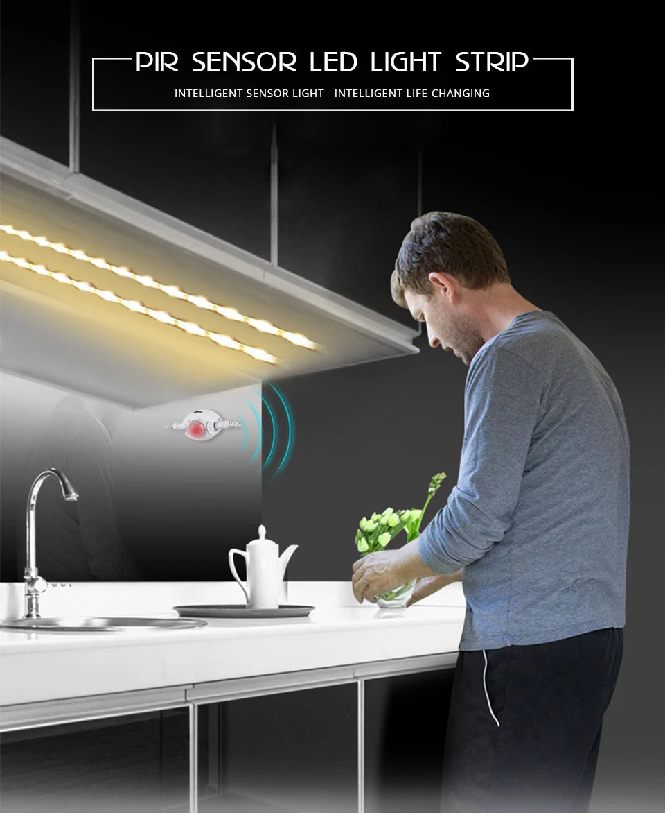 Tira LED Flexível DC 12V com Sensor de Movimento – Luz Noturna de Emergência para Armário, Cozinha e Cama