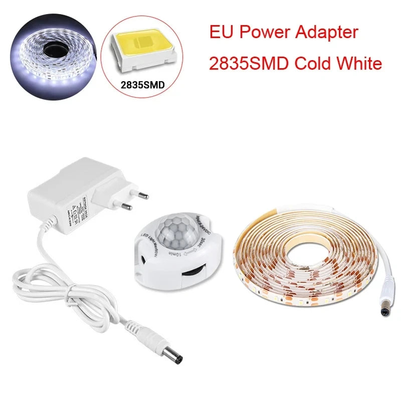 Tira LED Flexível DC 12V com Sensor de Movimento – Luz Noturna de Emergência para Armário, Cozinha e Cama