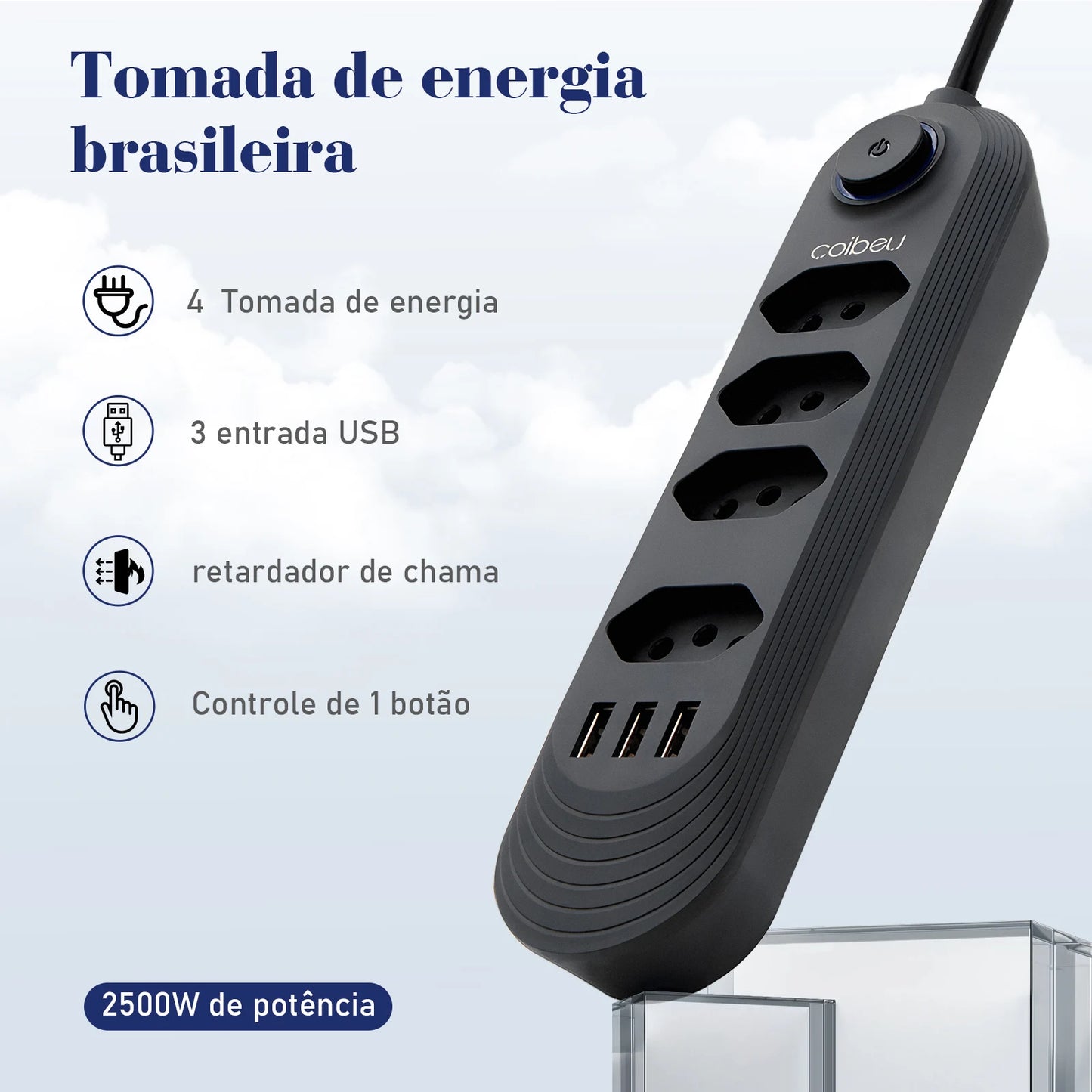 Régua Extensão de Tomadas e Porta USB