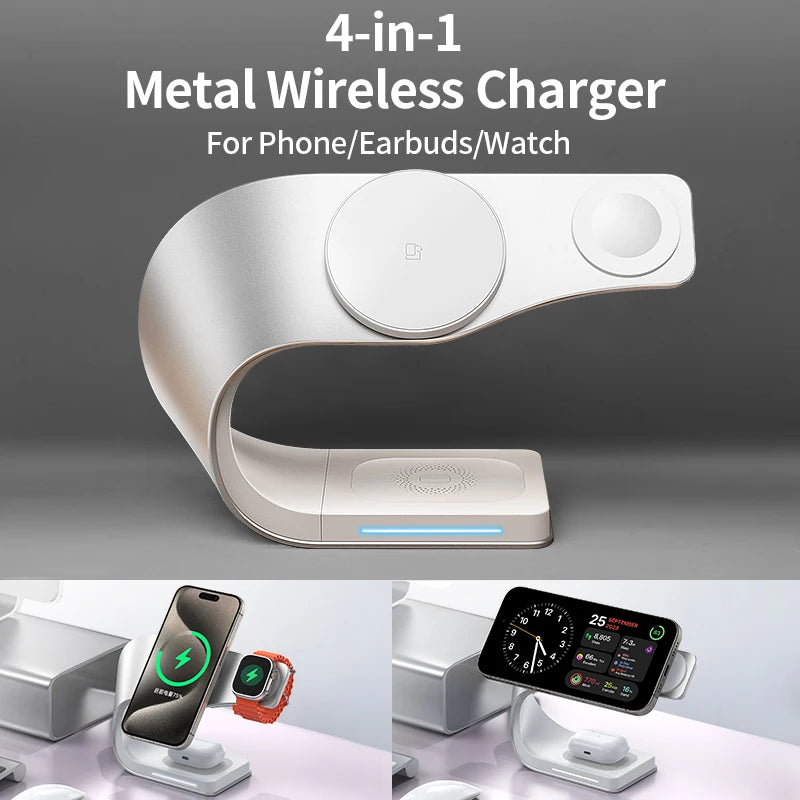 Carregador Sem Fio 4 em 1 com Estrutura de Metal – Rápido Magnético para iPhone , Apple Watch e AirPods