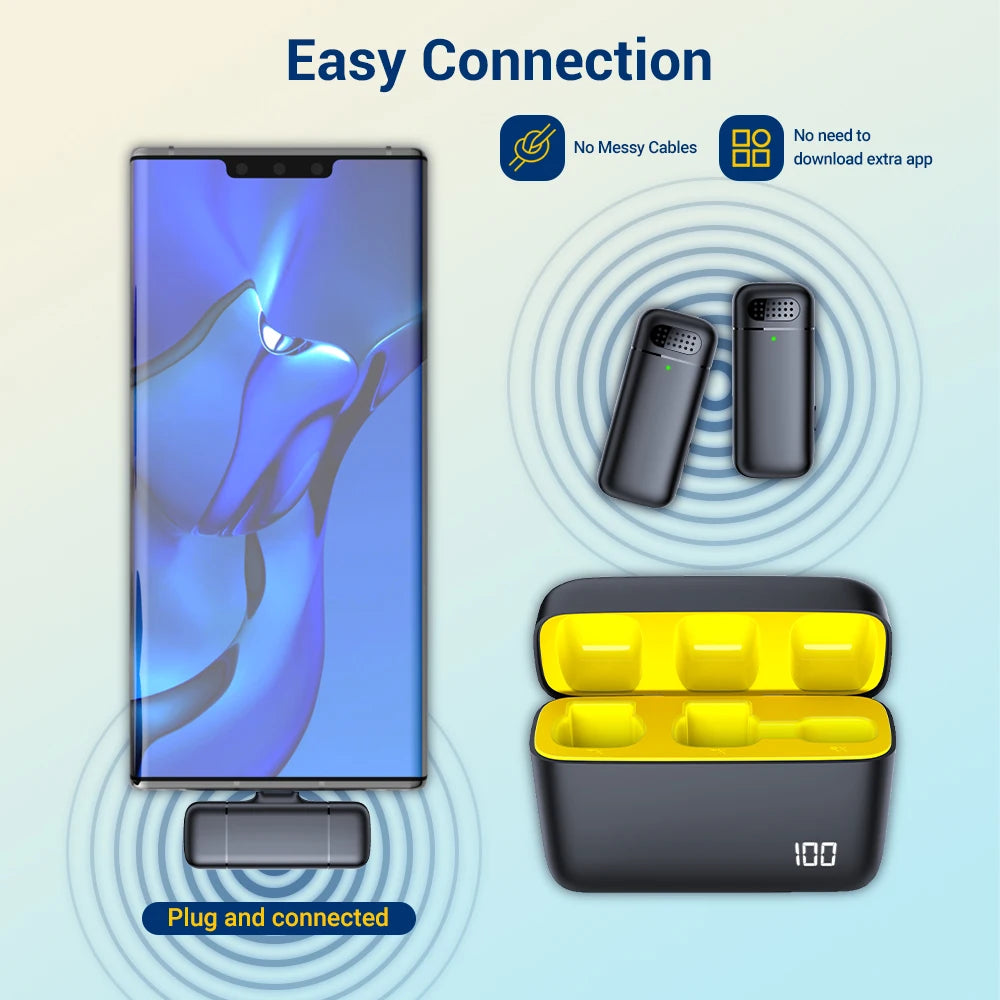 Microfone de Lapela Estéreo Sem Fio – Com Estojo de Carregamento e Cancelamento de Ruído