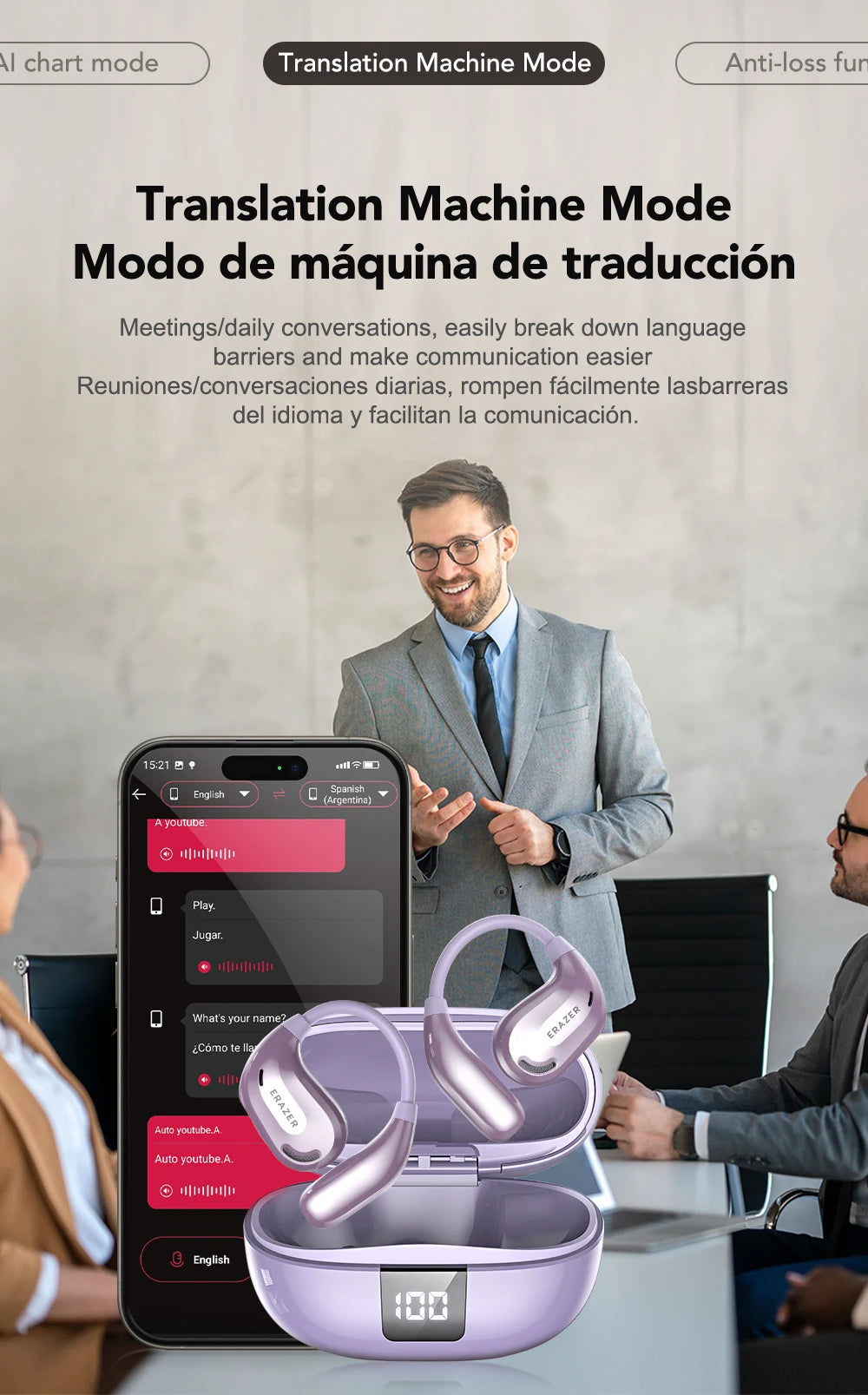 Fones de ouvido AI tradutor sem fio Bluetooth 5.4 135 Idiomas