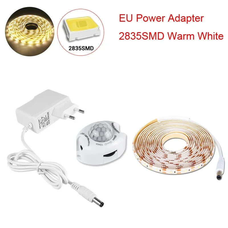 Tira LED Flexível DC 12V com Sensor de Movimento – Luz Noturna de Emergência para Armário, Cozinha e Cama