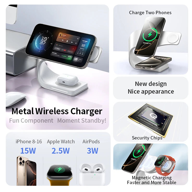 Carregador Sem Fio 4 em 1 com Estrutura de Metal – Rápido Magnético para iPhone , Apple Watch e AirPods