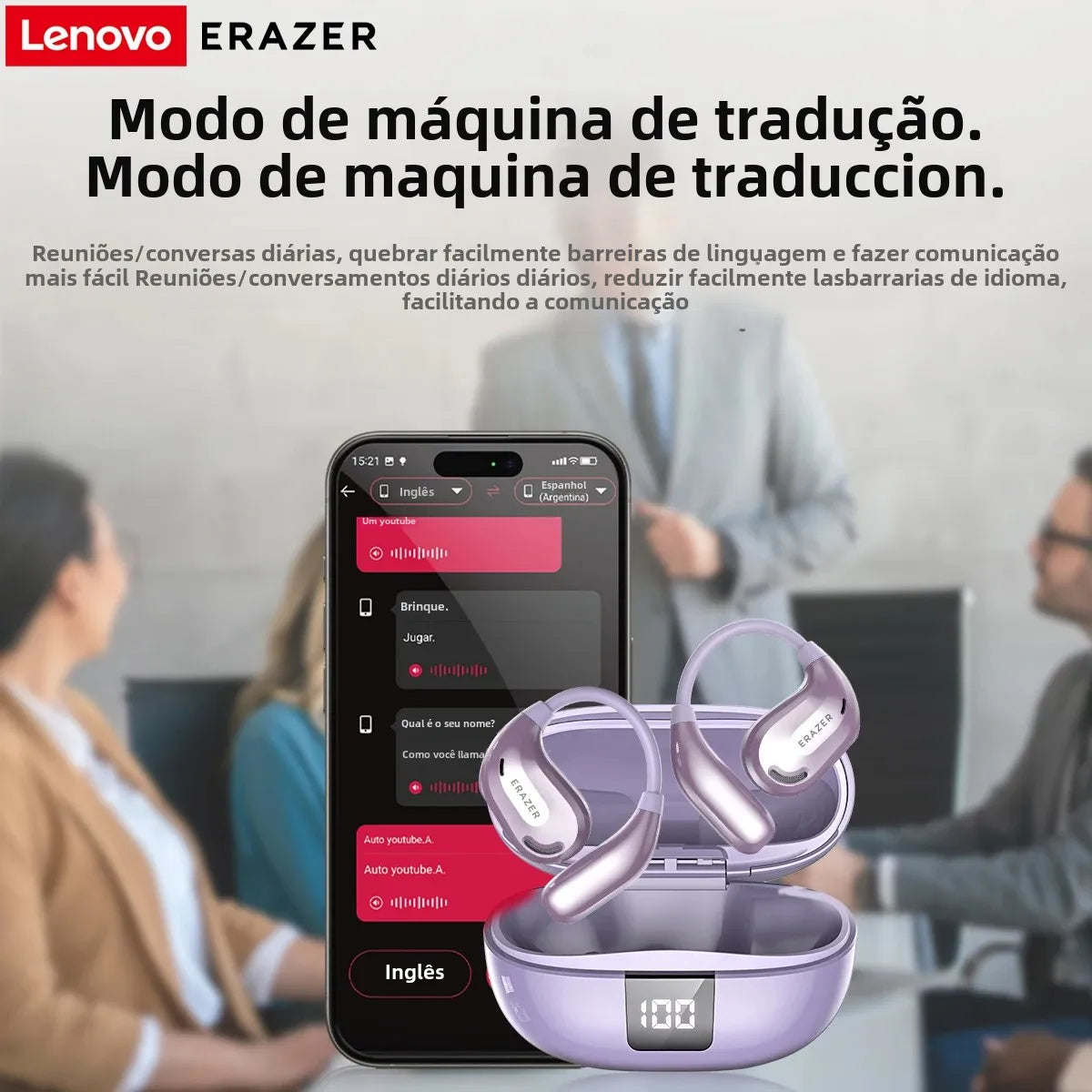Fones de ouvido AI tradutor sem fio Bluetooth 5.4 135 Idiomas