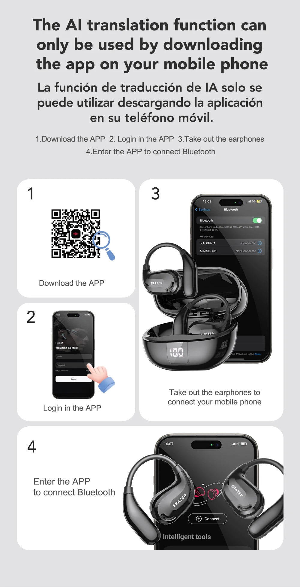 Fones de ouvido AI tradutor sem fio Bluetooth 5.4 135 Idiomas