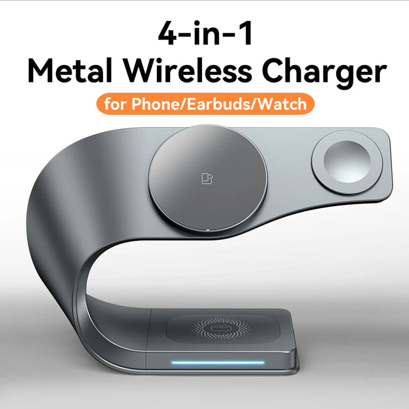 Carregador Sem Fio 4 em 1 com Estrutura de Metal – Rápido Magnético para iPhone , Apple Watch e AirPods