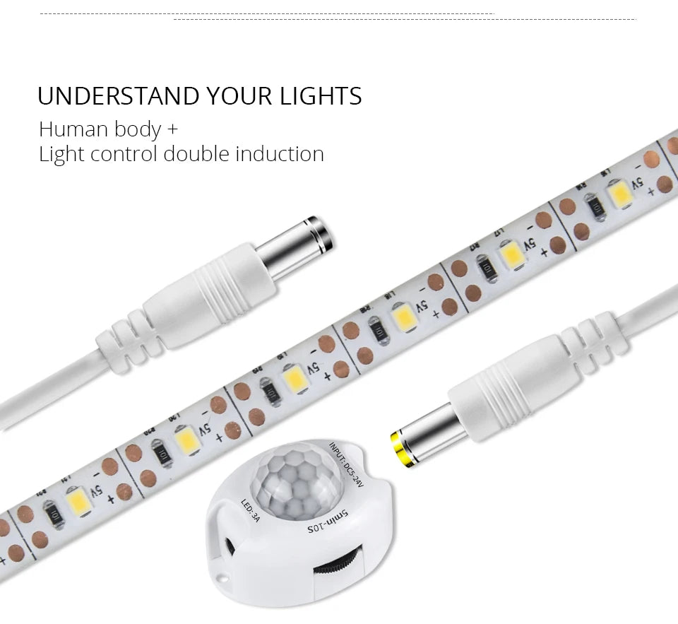 Tira LED Flexível DC 12V com Sensor de Movimento – Luz Noturna de Emergência para Armário, Cozinha e Cama