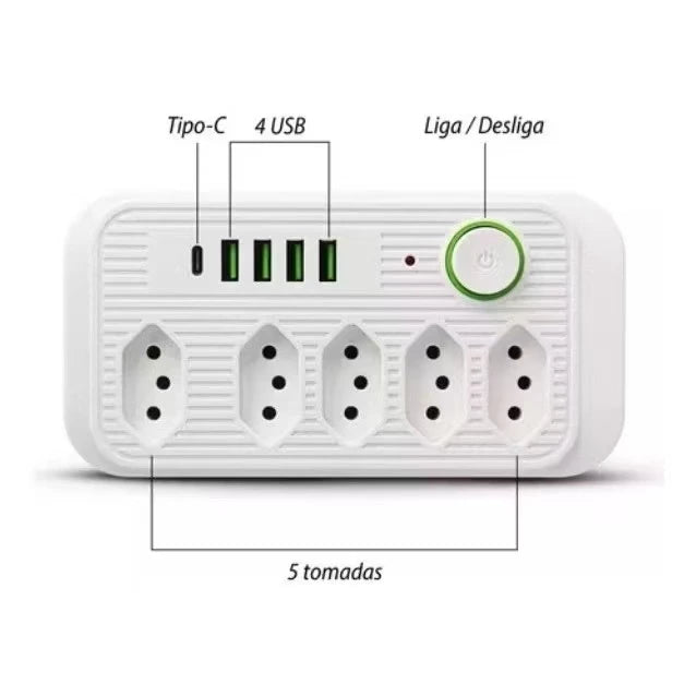 Régua Extensão de Tomadas e Porta USB