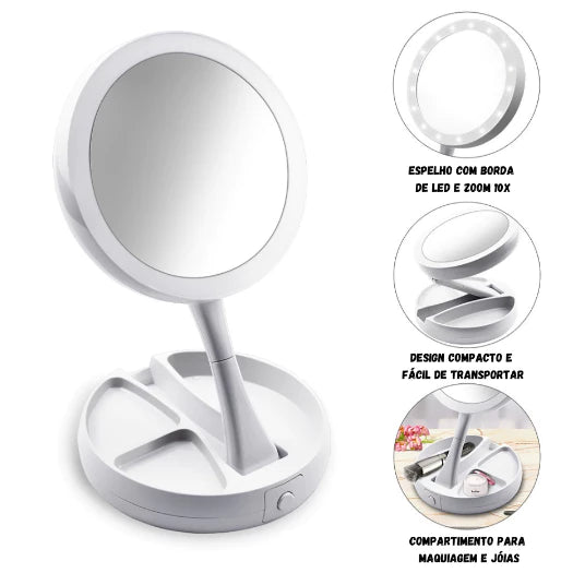 Espelho de Maquiagem Luz LED Dupla Face 10×