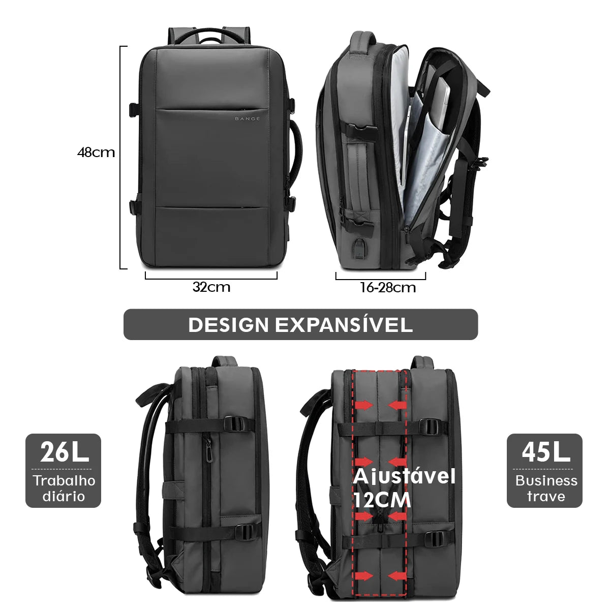 Mochila multifuncional de grande capacidade para laptop, carregamento USB,  Impermeável