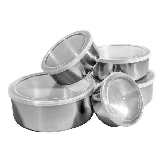 Conjunto com 5 Potes de Aço Inox com Tampa