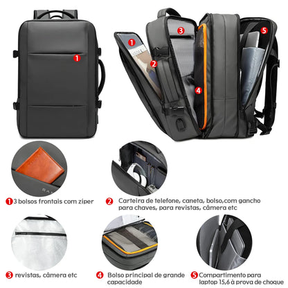 Mochila multifuncional de grande capacidade para laptop, carregamento USB,  Impermeável