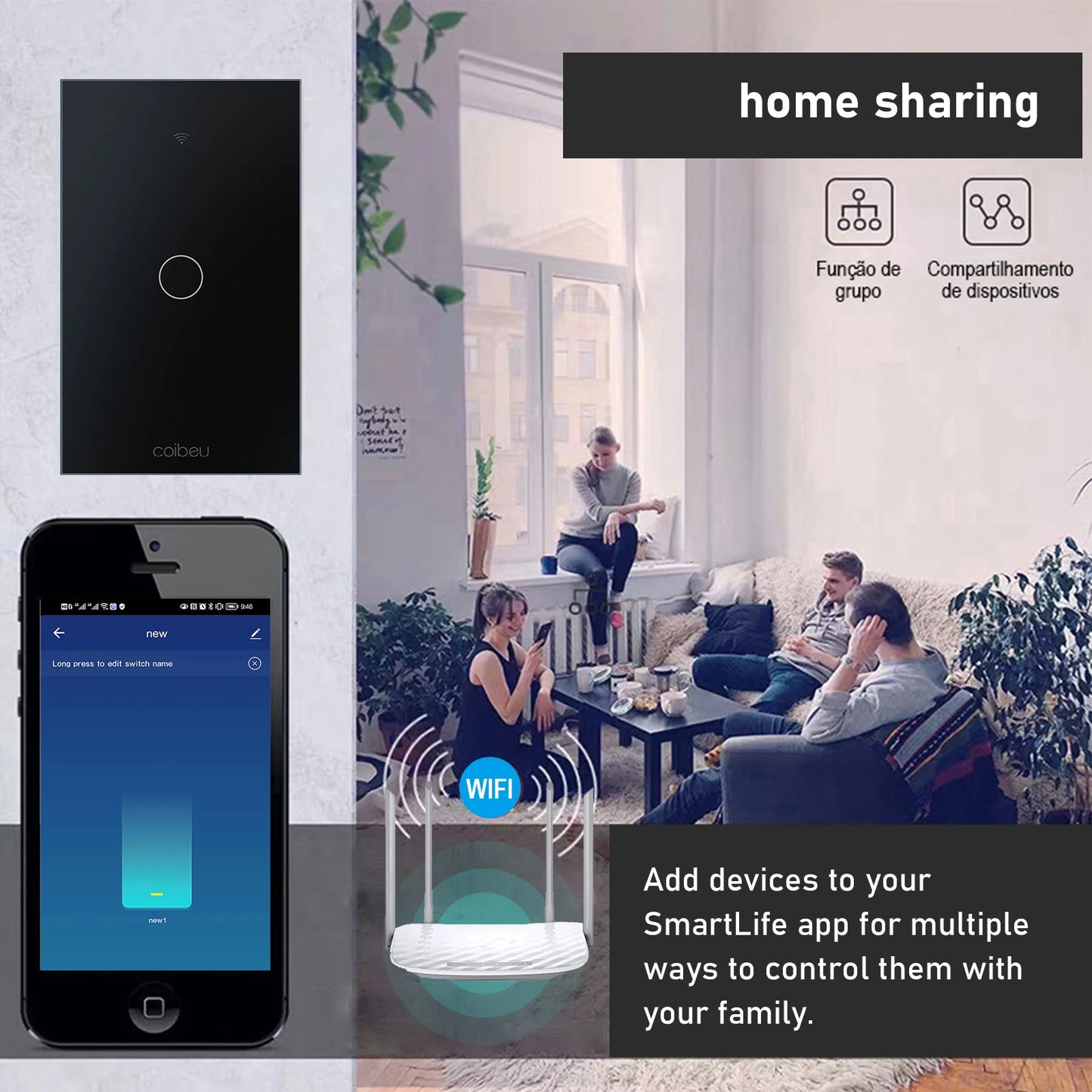 Interruptor Tomada inteligente touch wi fi com Neutro