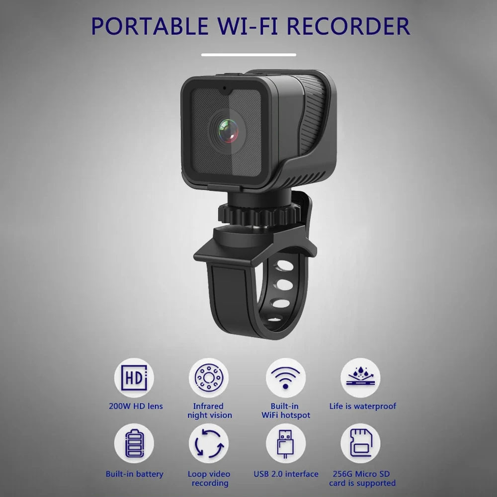 Mini Câmera Esportiva Portátil 1080P HD com Wi-Fi e Suporte à Prova d'Água