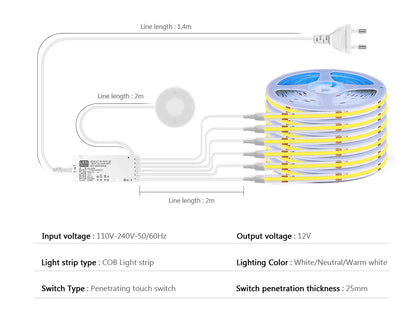 Fita LED  para  Armário com Sensor de Toque – Regulável, Ideal para Móveis de Madeira e Exposição
