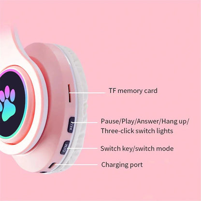 Fone de Ouvido Bluetooth com Orelhas de Gato - Som Estéreo com Luz LED