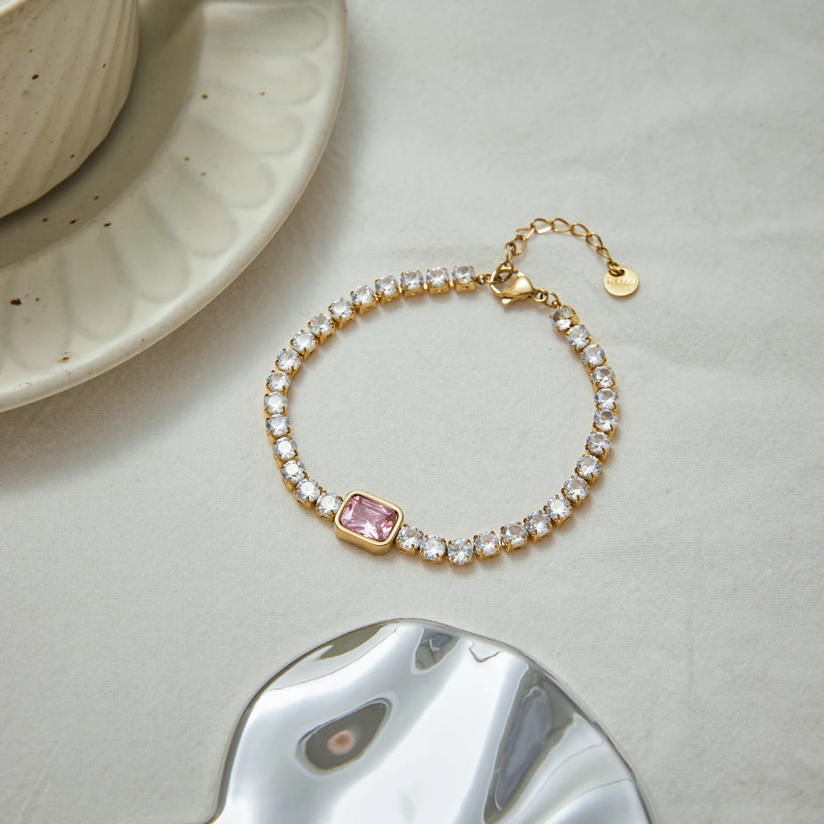 Conjunto Pulseira com Zircônia Rosa