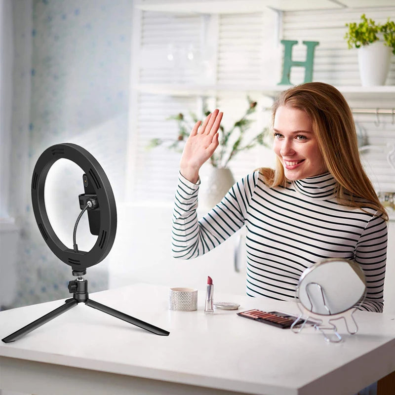 Anel de Luz LED para Selfie – Iluminação Fotográfica com Suporte para Celular e Tripé