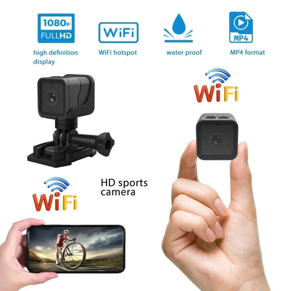 Mini Câmera Esportiva Portátil 1080P HD com Wi-Fi e Suporte à Prova d'Água