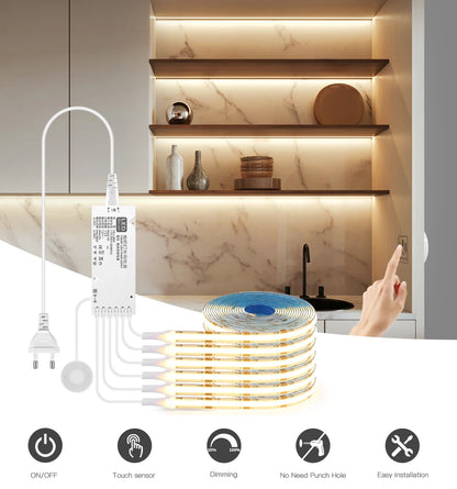Fita LED  para  Armário com Sensor de Toque – Regulável, Ideal para Móveis de Madeira e Exposição