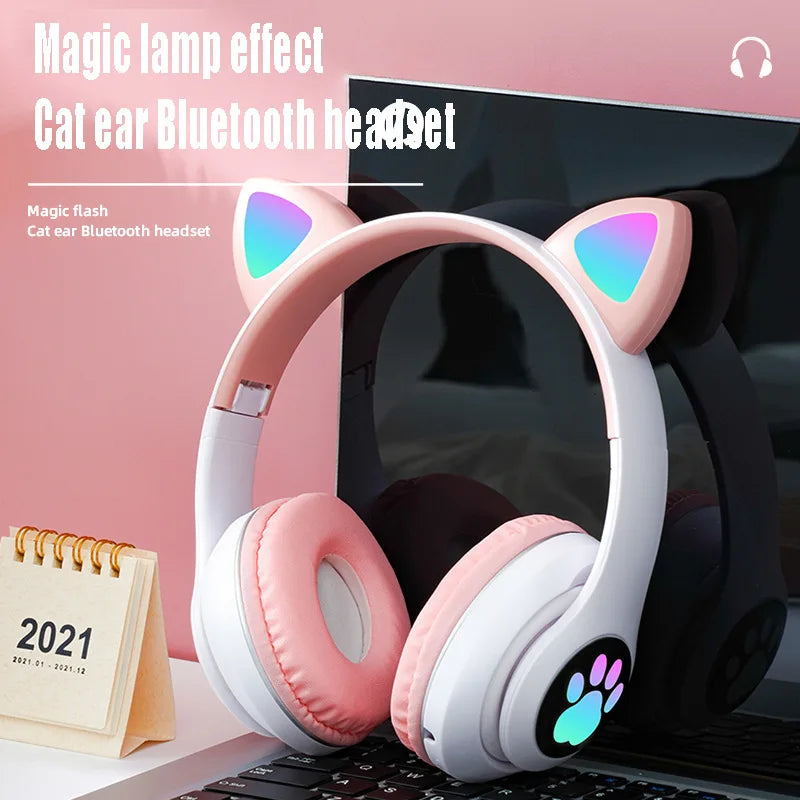 Fone de Ouvido Bluetooth com Orelhas de Gato - Som Estéreo com Luz LED