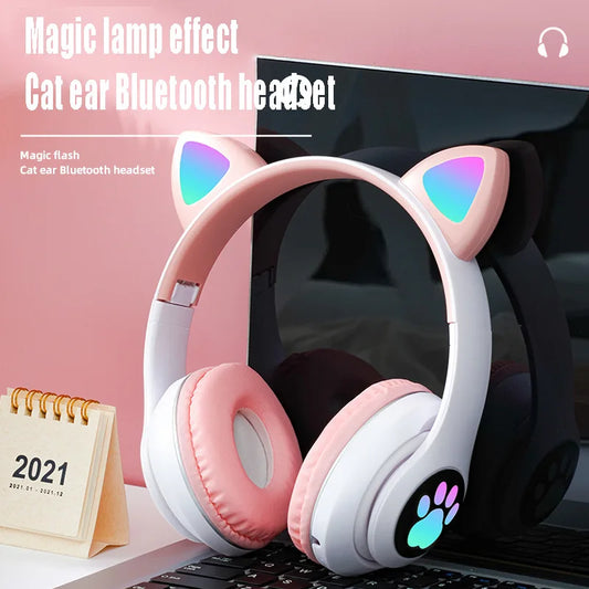 Fone de Ouvido Bluetooth com Orelhas de Gato - Som Estéreo com Luz LED