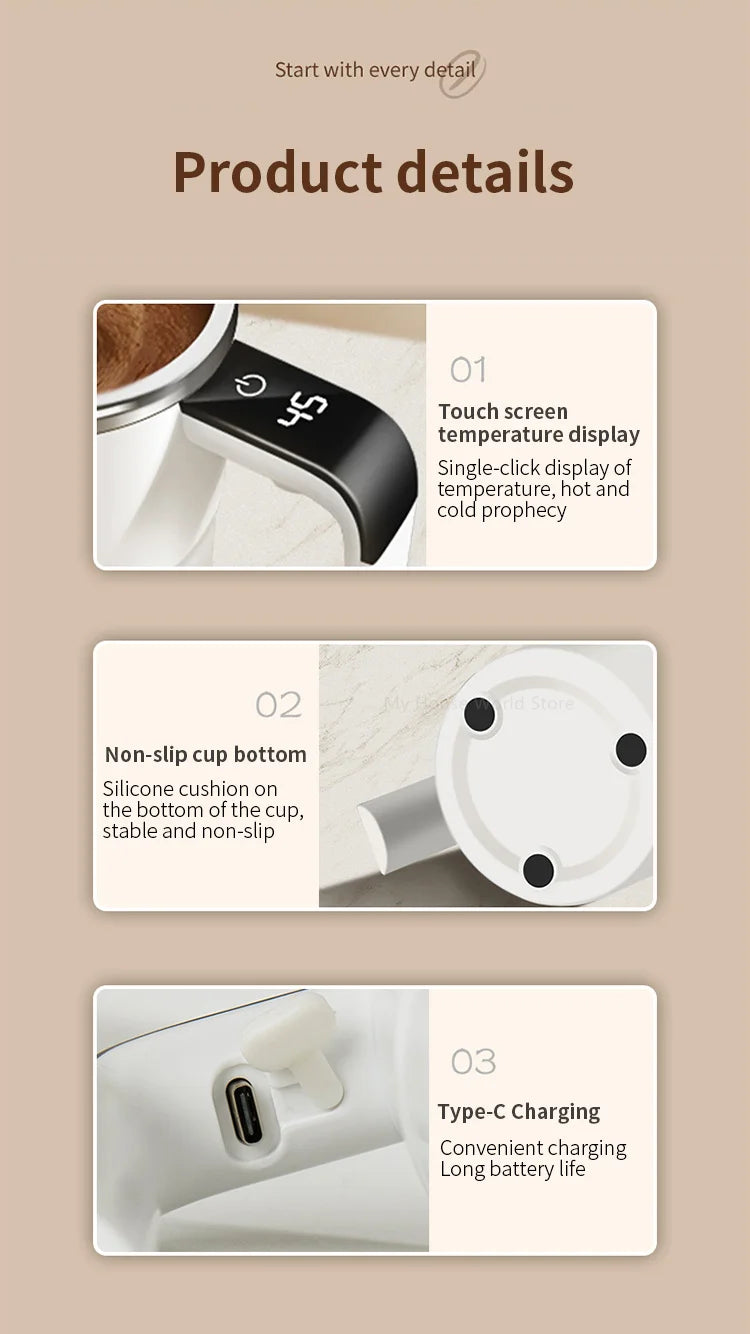 Rechargeable Automatic Blender Cup – Stainless Steel, Magnetic Rotation, Ideal for Coffee and Beverages