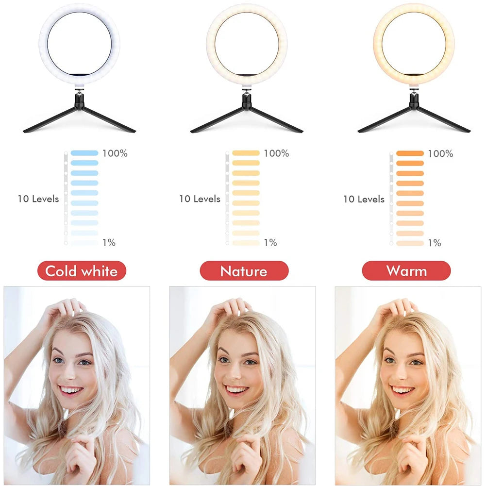 Anel de Luz LED para Selfie – Iluminação Fotográfica com Suporte para Celular e Tripé